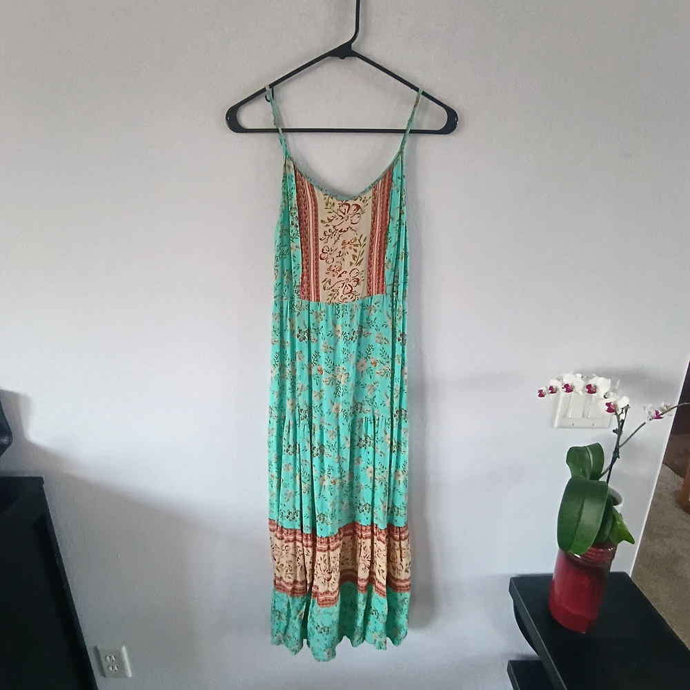 Angashion Boho Floral Midi Dress Small Teal Tiered Sleeveless Festival Style